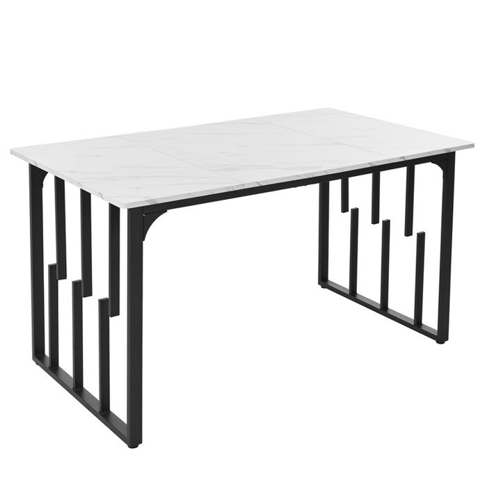 table de salle à manger rectangulaire 140x80cm, structure en métal, plateau en marbre, pieds réglables, blanc/noir